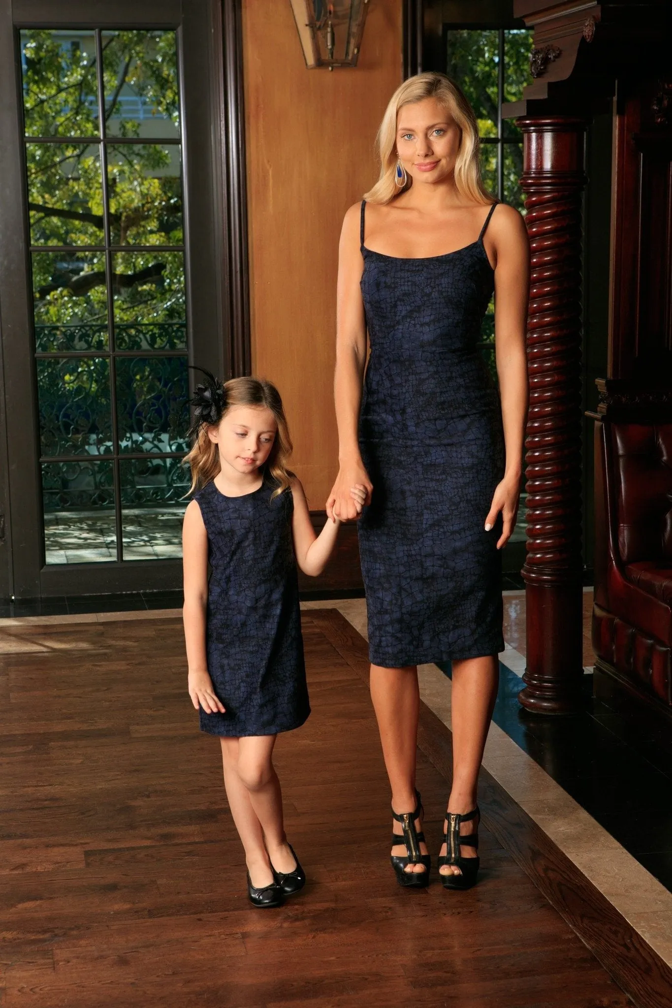 Navy Animal Print Fancy Evening Trendy Designer Mommy and Me Dresses