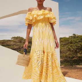 Off-the-shoulder Ruffled Midi Dress Beach Party Long Dress Embroidered Dress