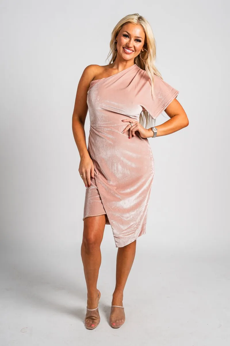 One shoulder velvet dress rose taupe