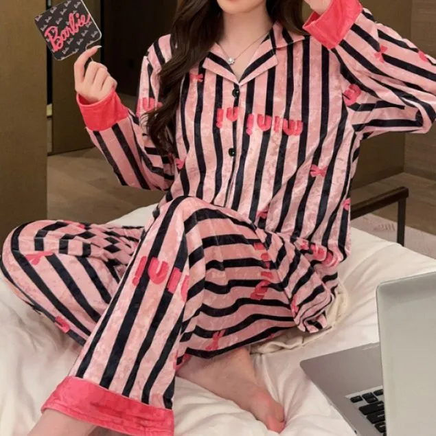 Pink Vertical Striped Velvet Pajamas Set