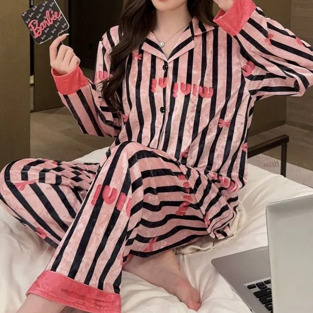 Pink Vertical Striped Velvet Pajamas Set
