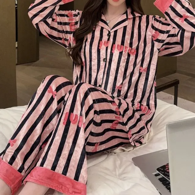 Pink Vertical Striped Velvet Pajamas Set
