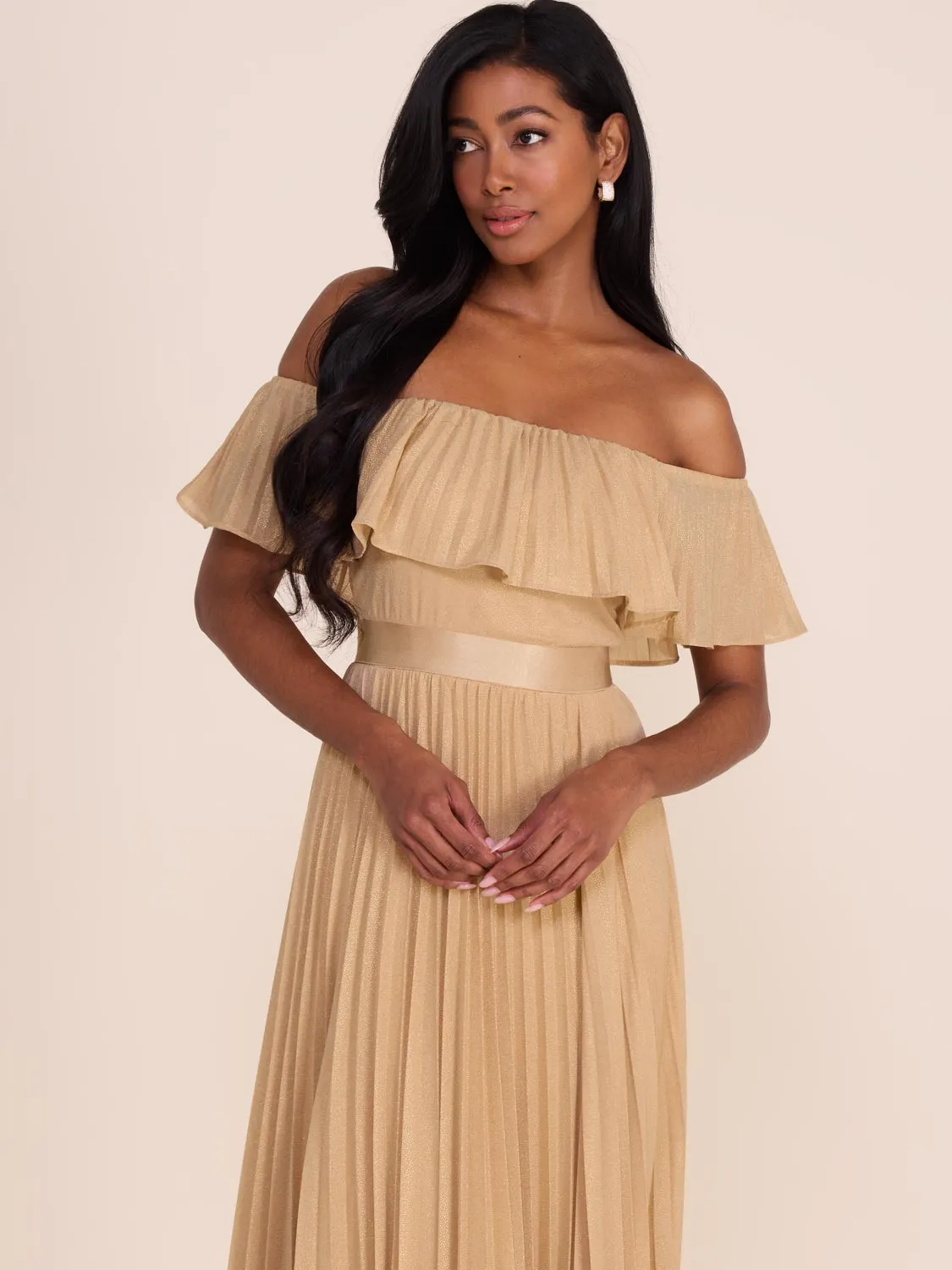 Pleated Off-The-Shoulder Gown