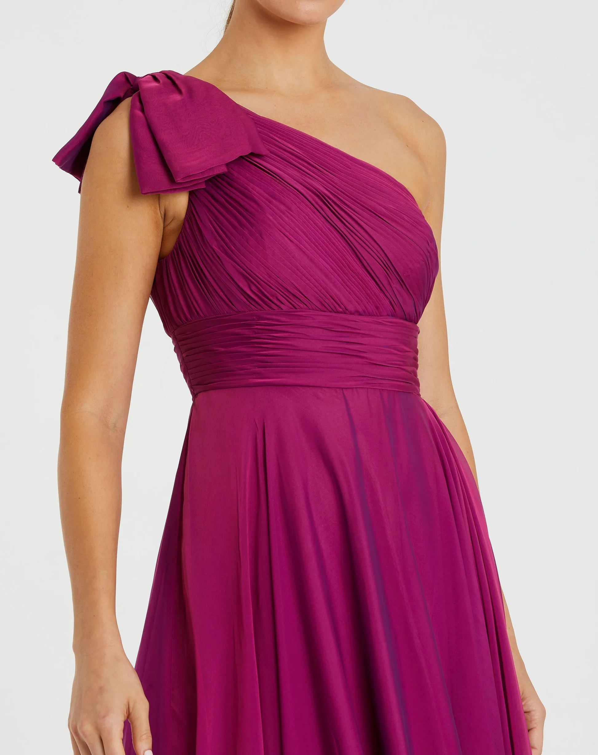 Pleated one shoulder chiffon gown - Raspberry