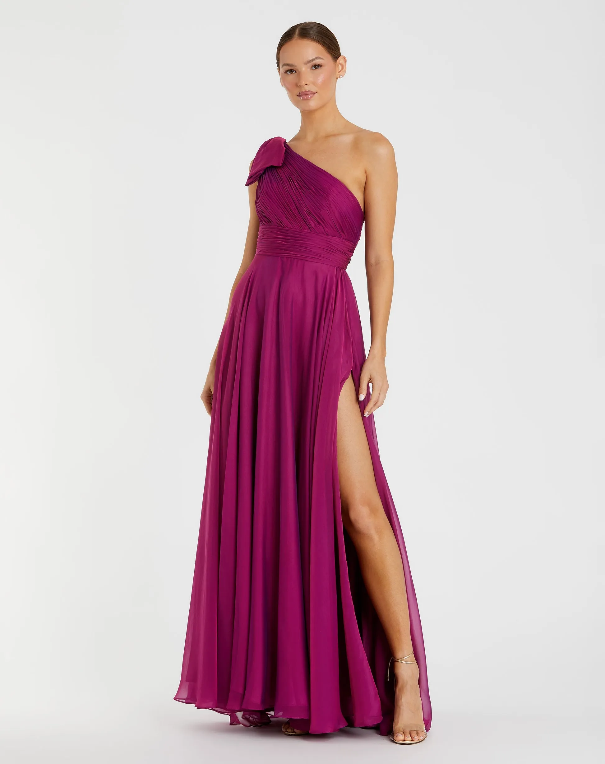 Pleated one shoulder chiffon gown - Raspberry