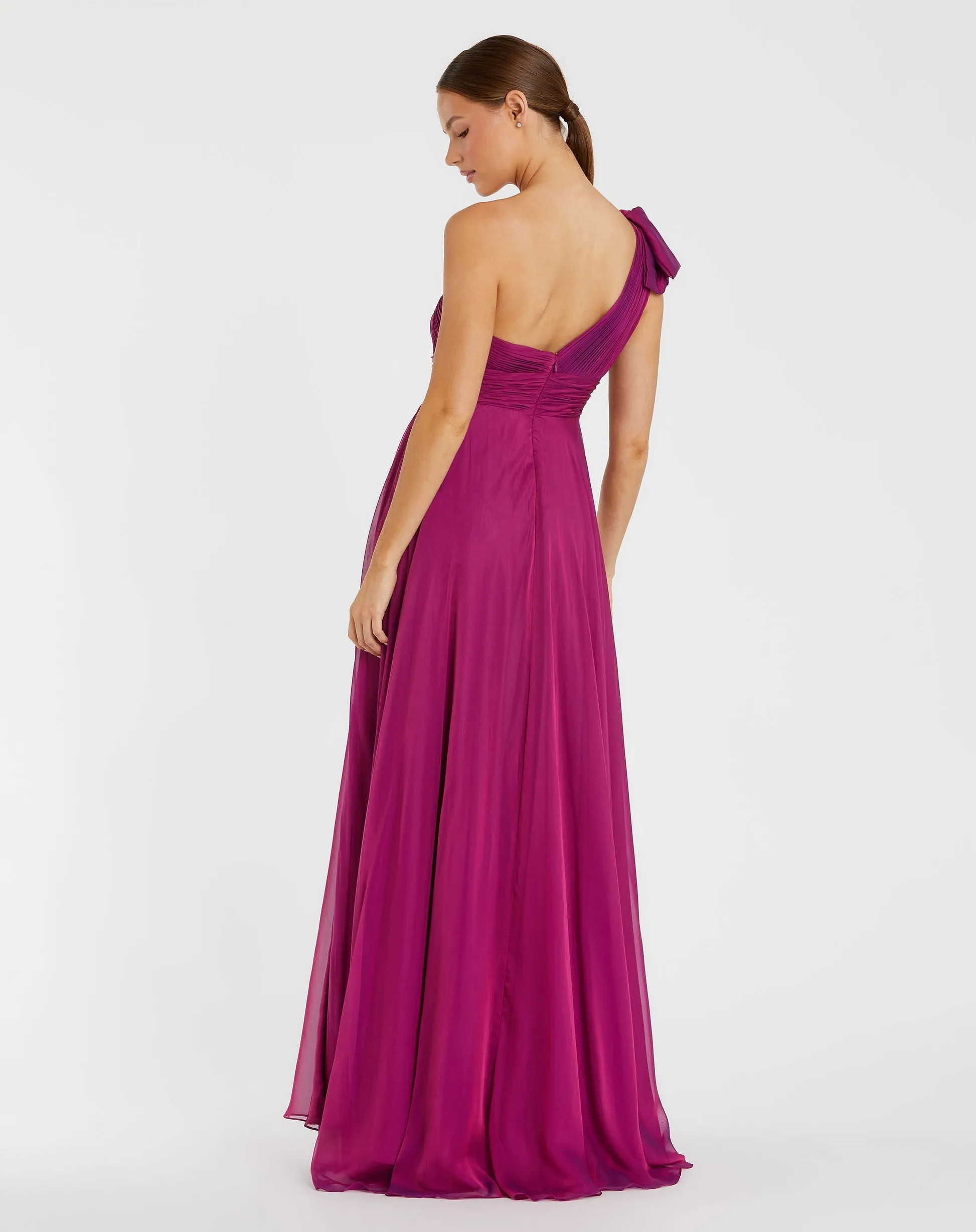 Pleated one shoulder chiffon gown - Raspberry