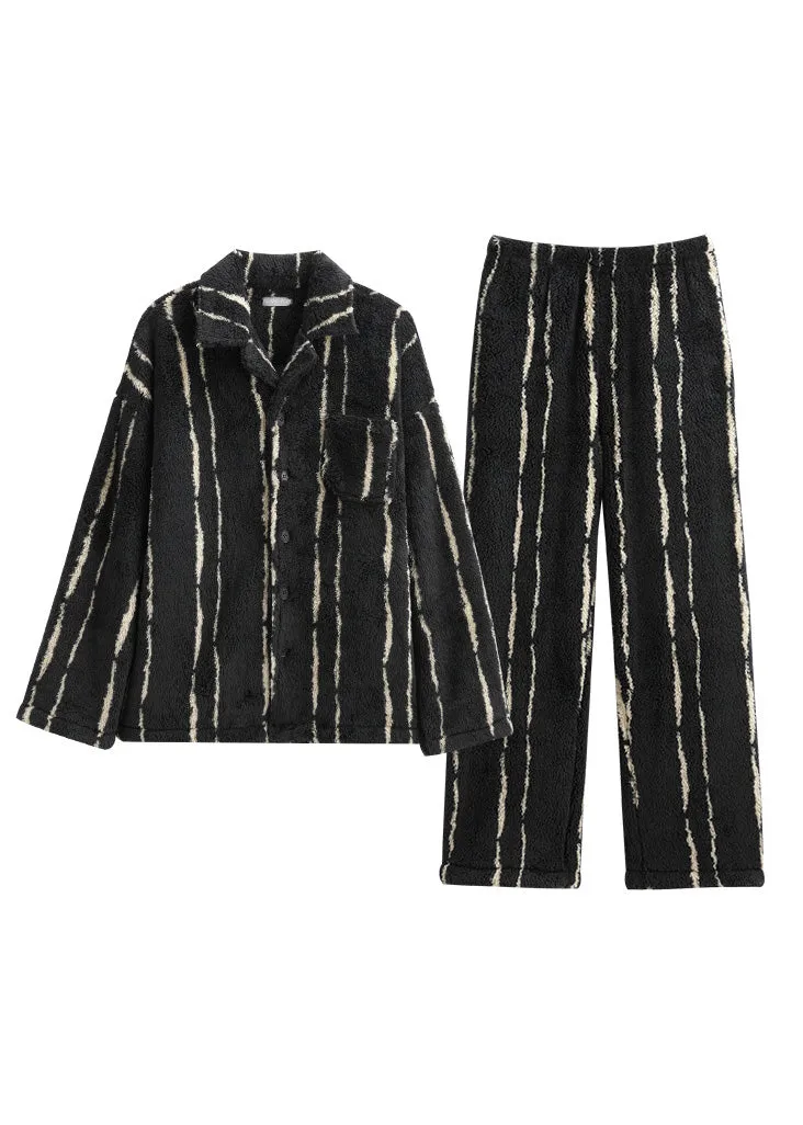 Plus Size Black Striped Patchwork Button Velour Pajamas Two Piece Set Spring LY1892