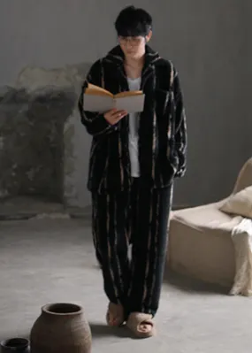Plus Size Black Striped Patchwork Button Velour Pajamas Two Piece Set Spring LY1892