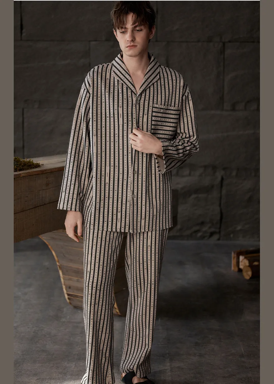 Plus Size Khaki Peter Pan Collar Striped Button Low High Design Cotton Pajamas Two Piece Set Spring