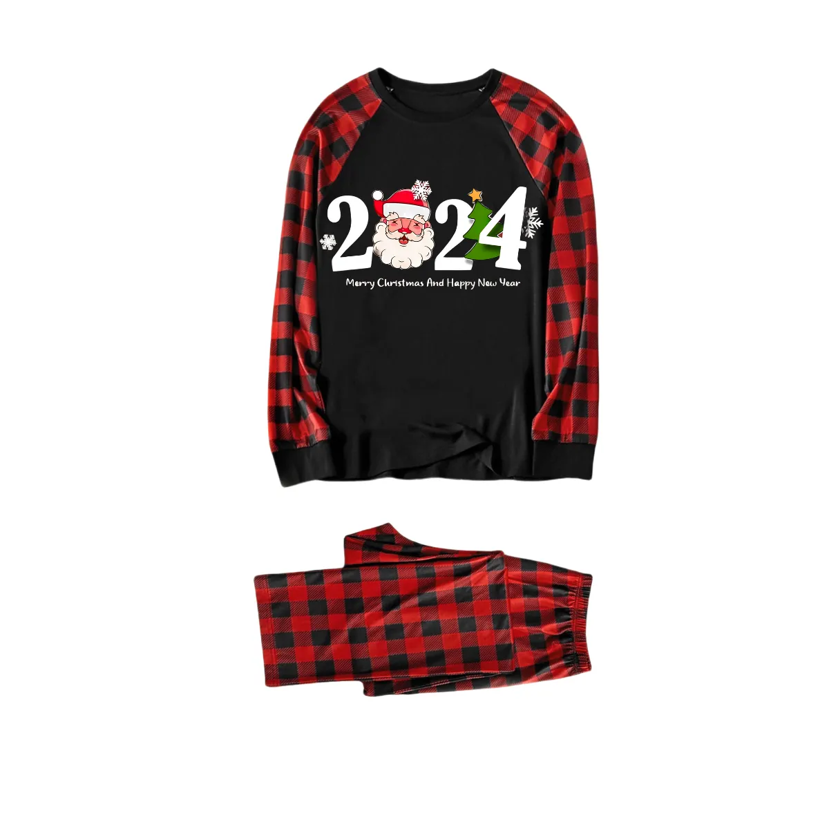 "2024" and Santa Claus Print Black & Red Plaid Christmas Matching Pajamas