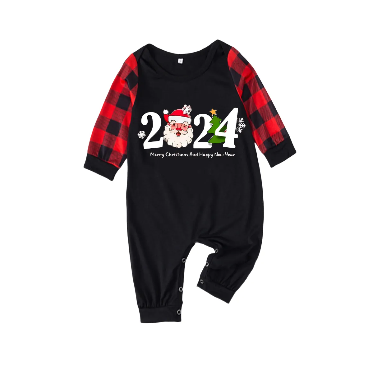"2024" and Santa Claus Print Black & Red Plaid Christmas Matching Pajamas
