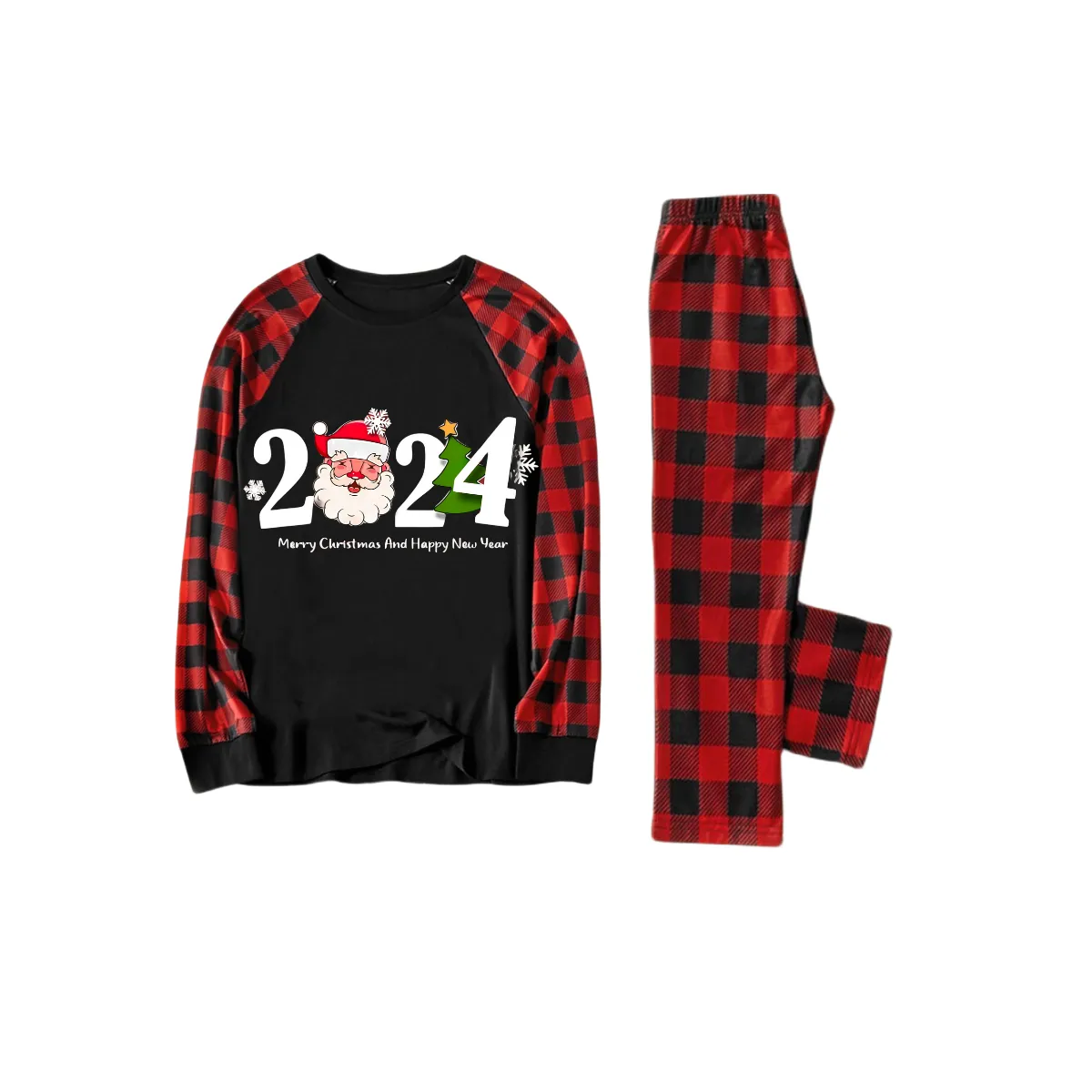 "2024" and Santa Claus Print Black & Red Plaid Christmas Matching Pajamas