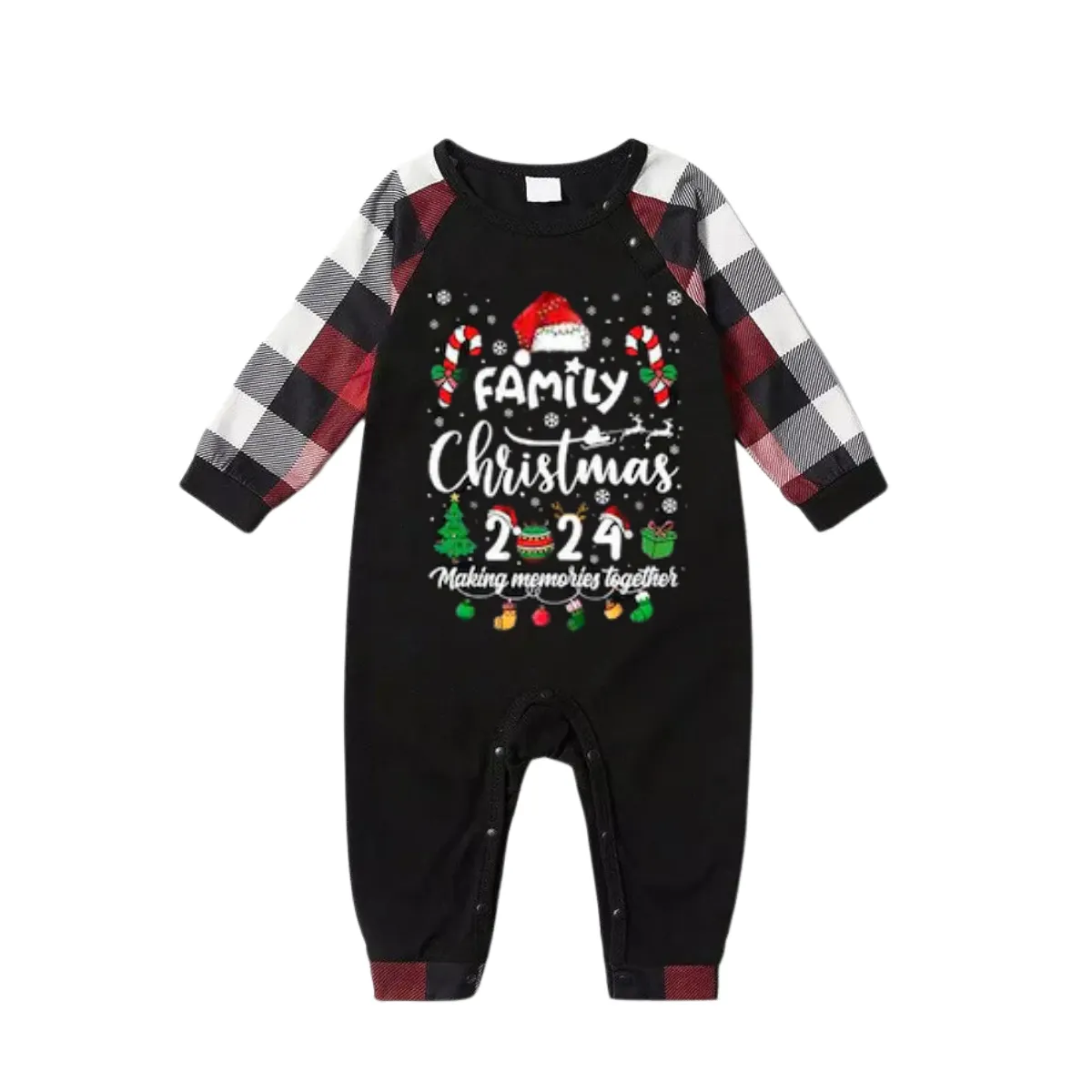 "FAMILY CHRISTMAS 2024 Making Memories Together" with Various Christmas Decorations - Red&Black&White Plaid  Matching Pajamas