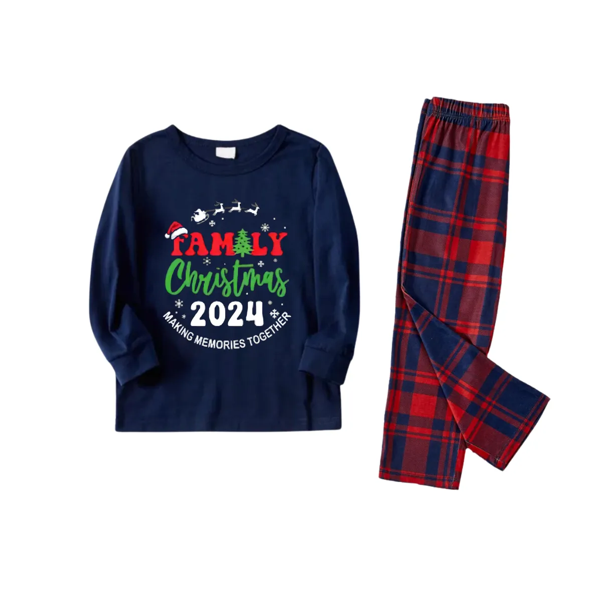 "Family Christmas 2024" Printed Red and Blue Plaid Christmas Matching Pajamas
