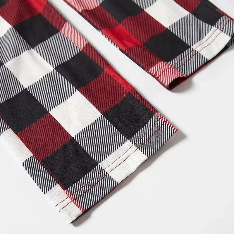 "We are Family" Santa Hat Monogram Print Letter Red & Black & Grey & White Plaid Family Matching Pajamas