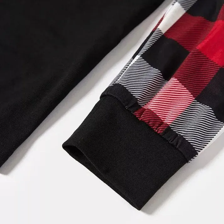 "We are Family" Santa Hat Monogram Print Letter Red & Black & Grey & White Plaid Family Matching Pajamas
