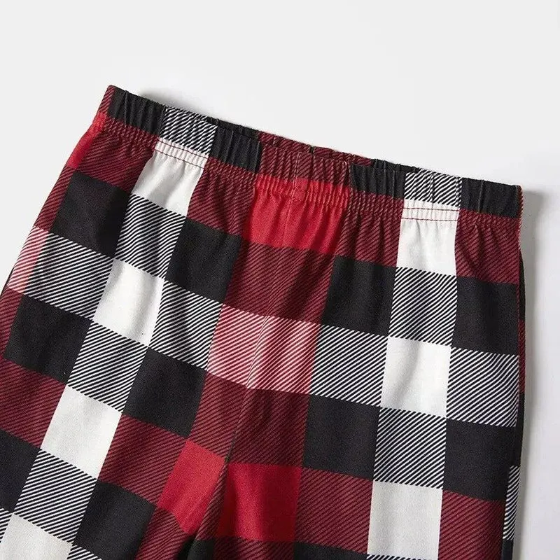 "We are Family" Santa Hat Monogram Print Letter Red & Black & Grey & White Plaid Family Matching Pajamas
