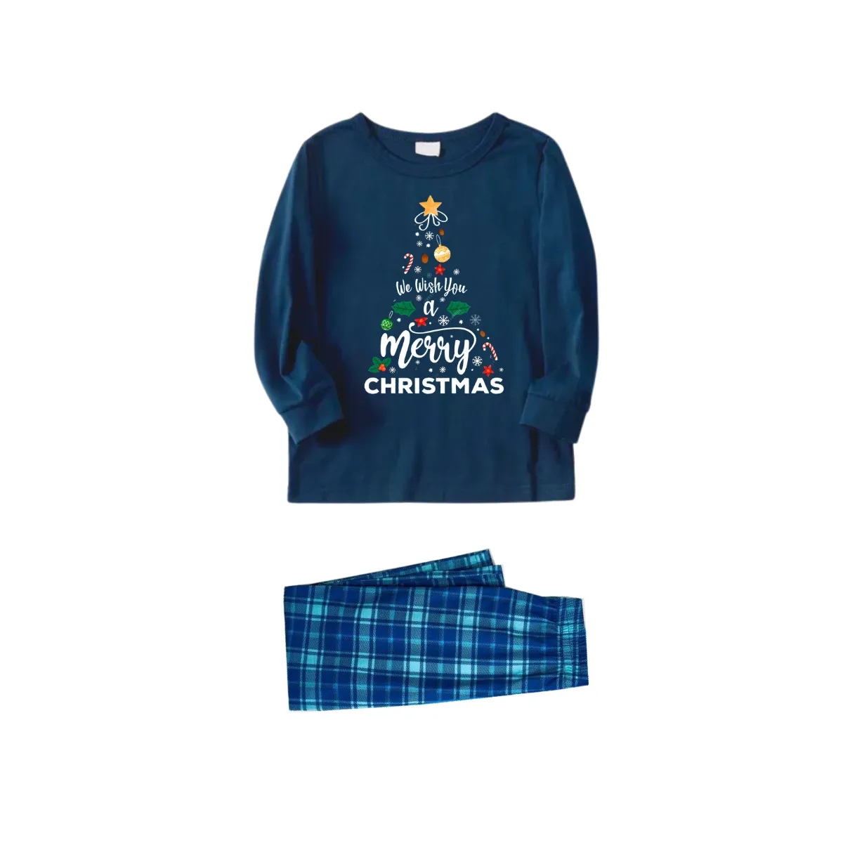"We Wish You a Merry Christmas" Printed Blue Long Sleeve Top With Blue&Green Plaid Couple Matching Pajamas
