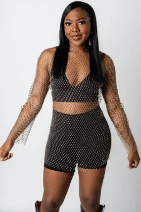 Rhinestone mesh long sleeve dress gold