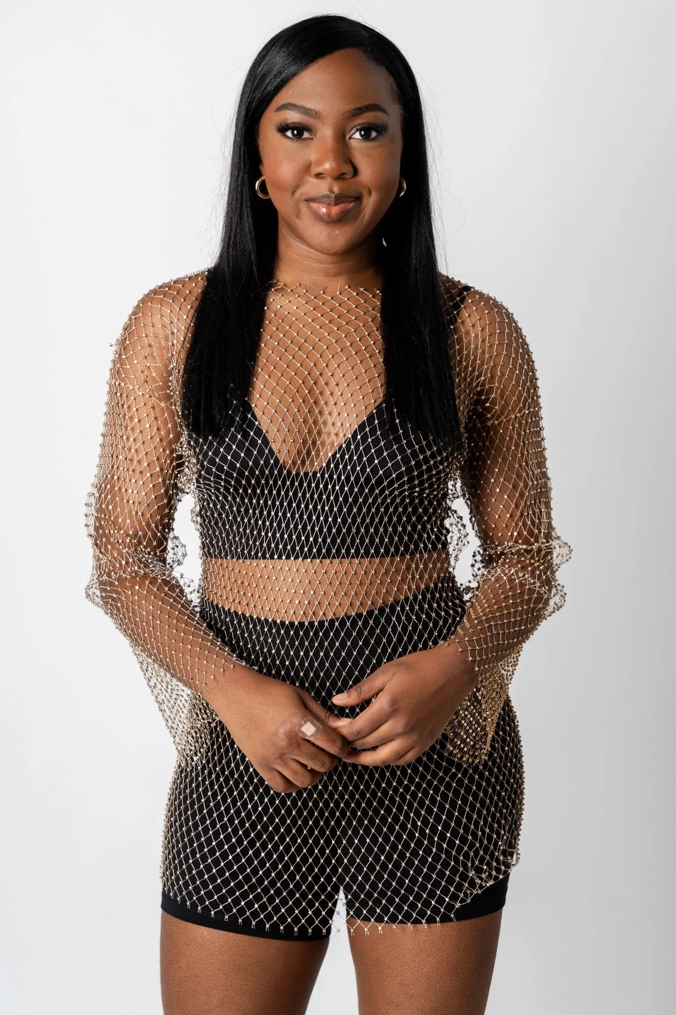 Rhinestone mesh long sleeve dress gold
