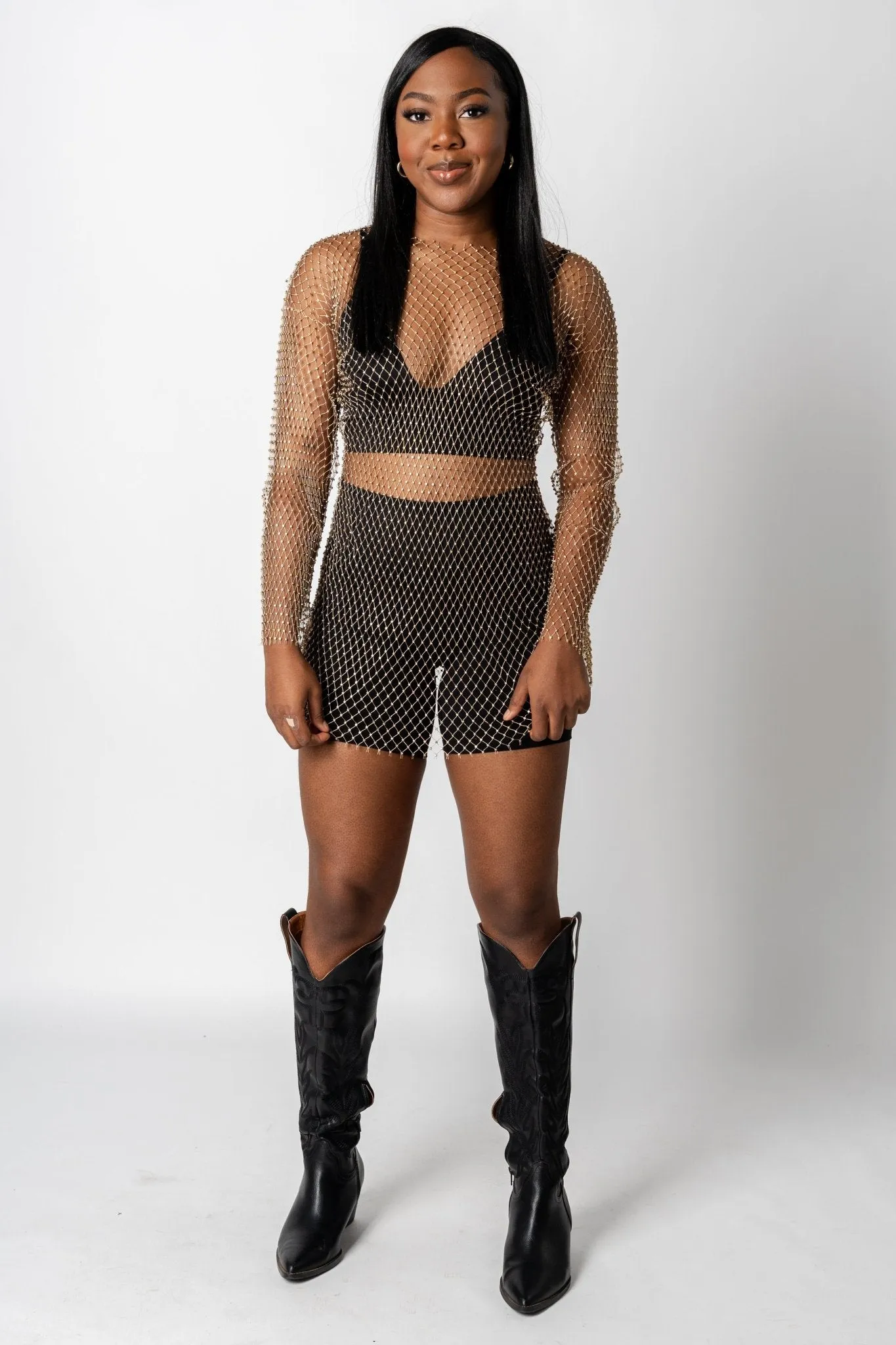 Rhinestone mesh long sleeve dress gold