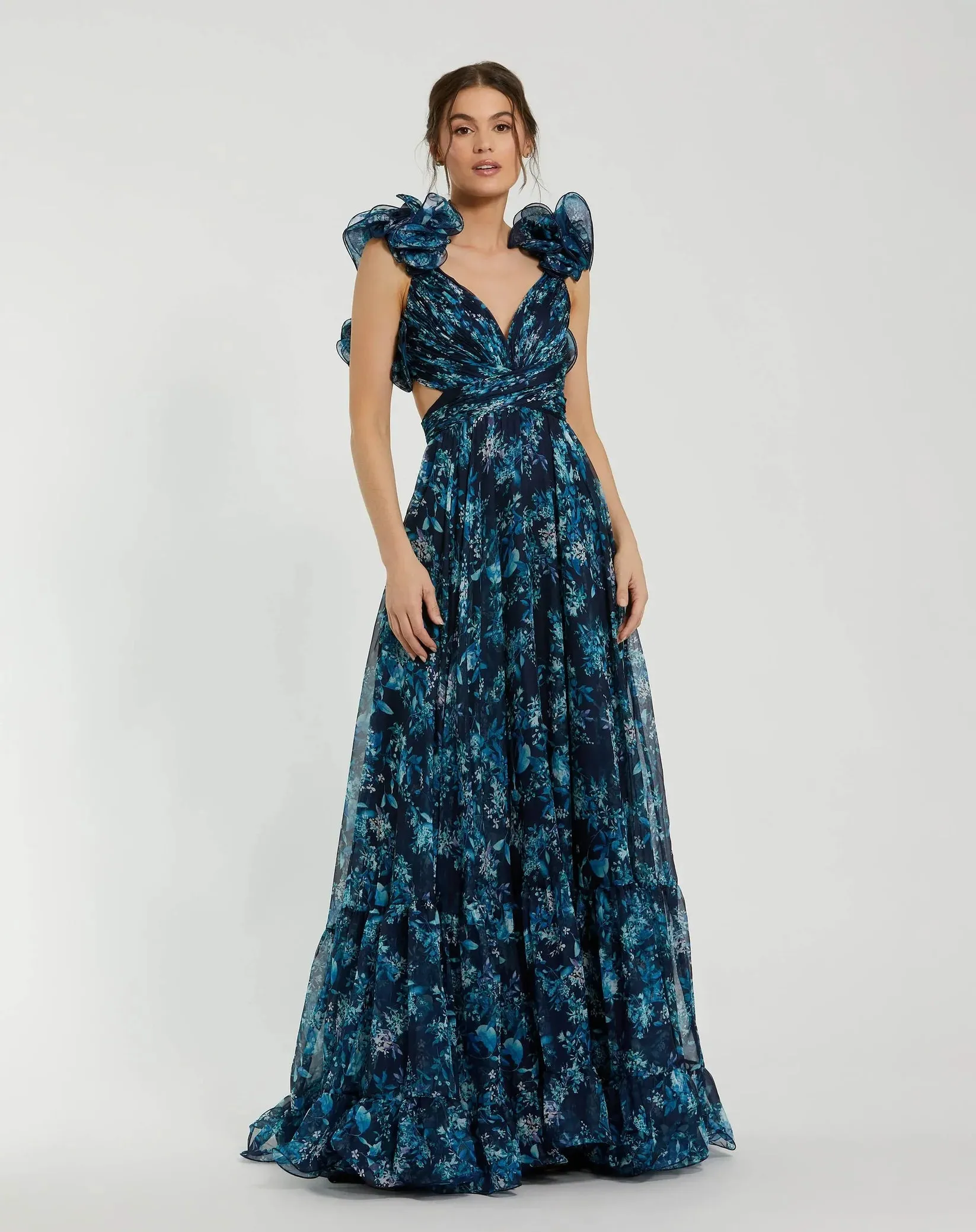 Ruffle tiered floral cut-out chiffon gown - Midnight