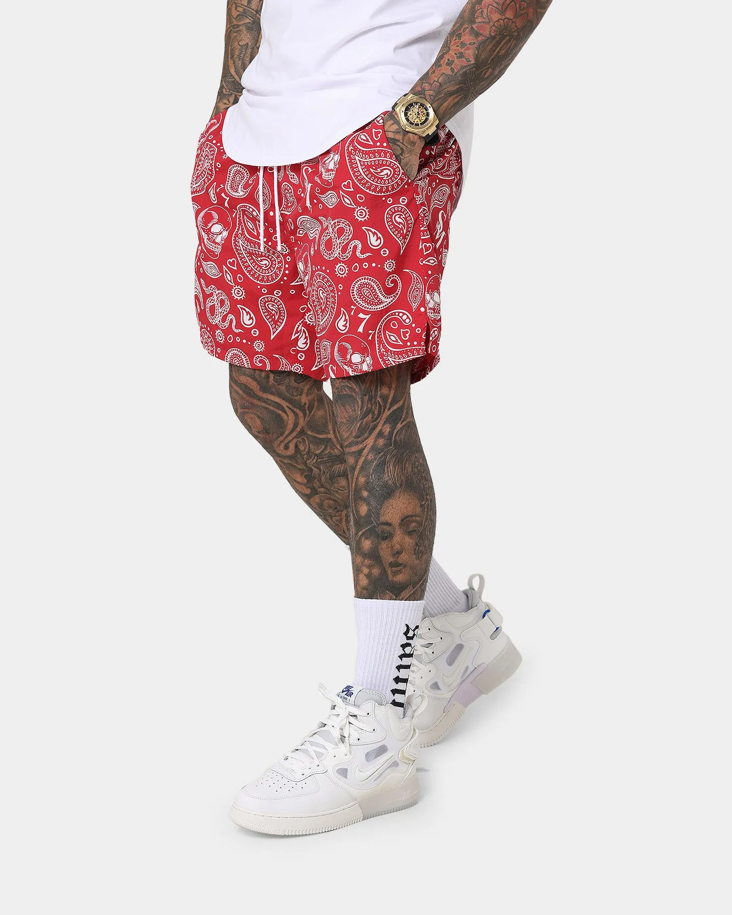 Saint Morta Paisley Skulls Beach Shorts Red/White