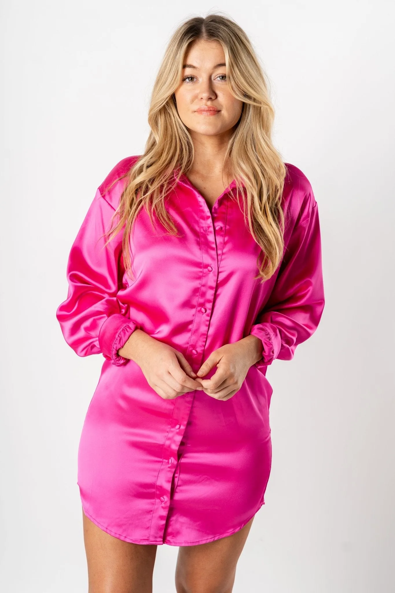 Satin button down dress magenta