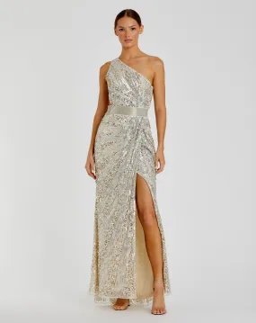 Sequin one shoulder draped lace up gown - Silver