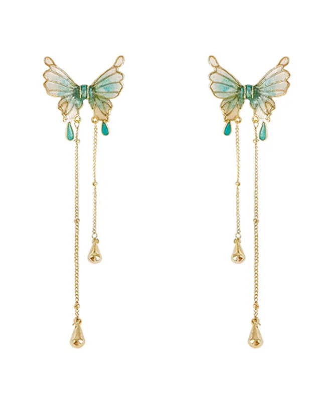 Skinny Green Sterling Silver Alloy Butterfly Pearl Tassel Drop Earrings AC1072
