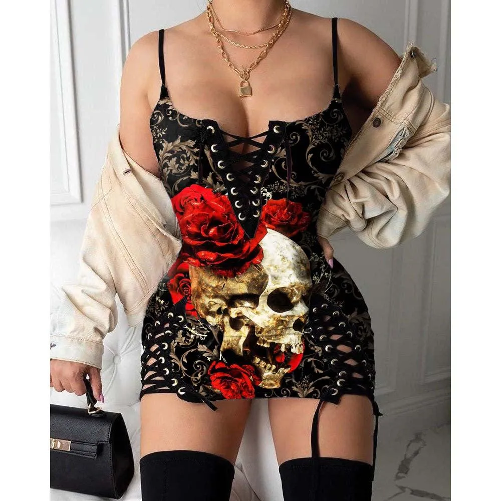 Skull Rose Red Gothic Eyelet Lace-up Letter Dress