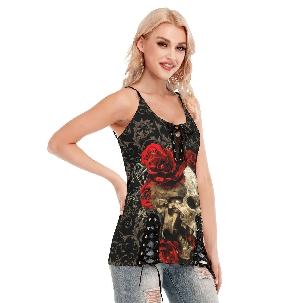 Skull Rose Red Gothic Eyelet Lace-up Letter Dress