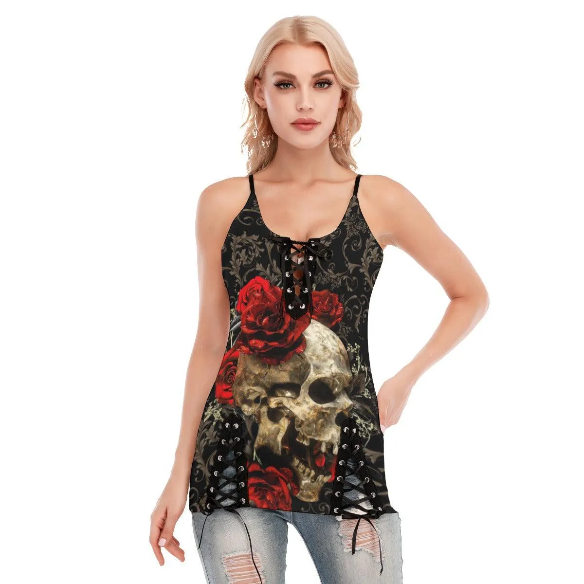 Skull Rose Red Gothic Eyelet Lace-up Letter Dress