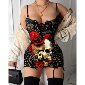 Skull Rose Red Gothic Eyelet Lace-up Letter Dress