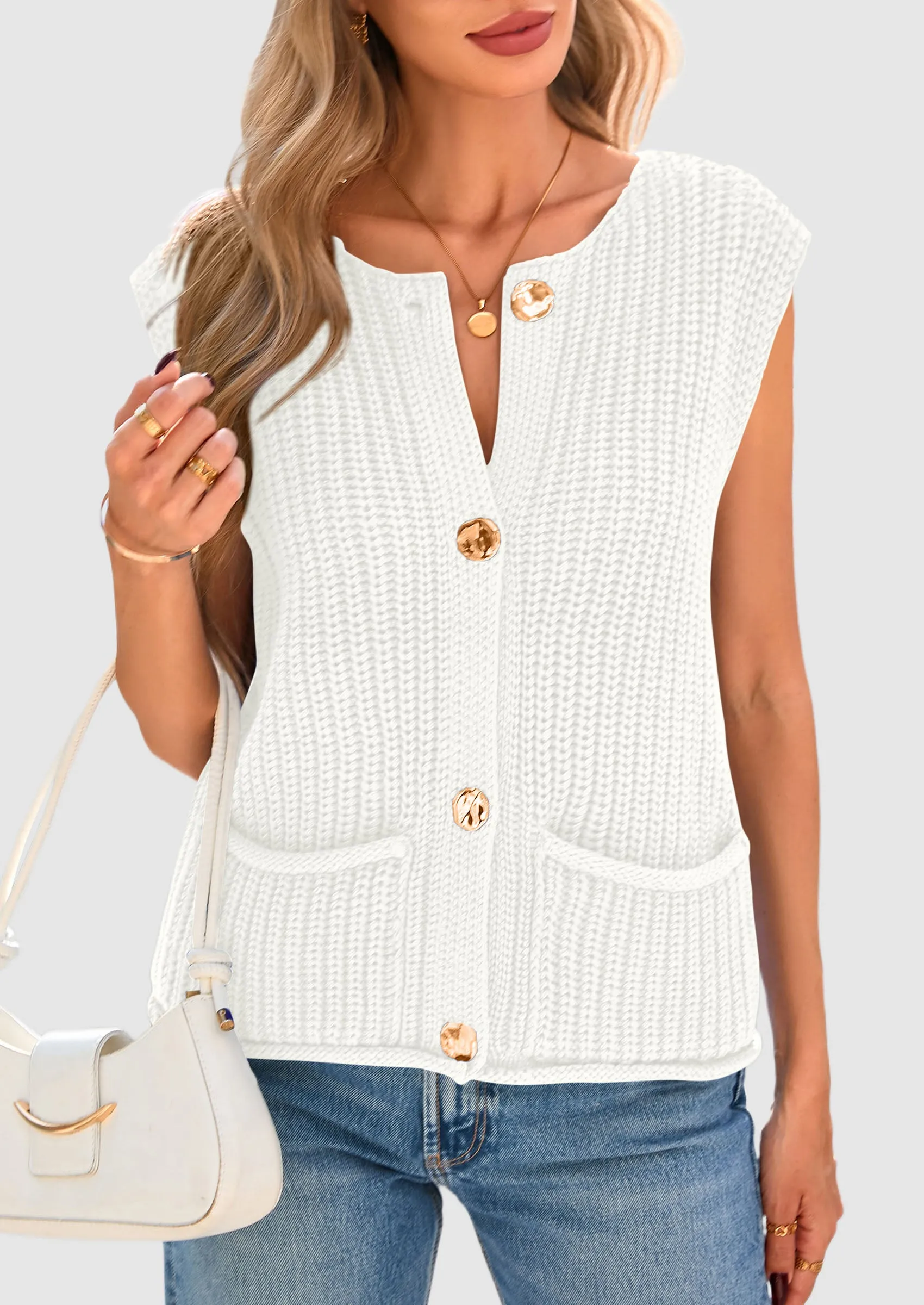 Sleeveless Button Down Cropped Chunky Knit Cardigan Trendy Tank Tops with Pockets
