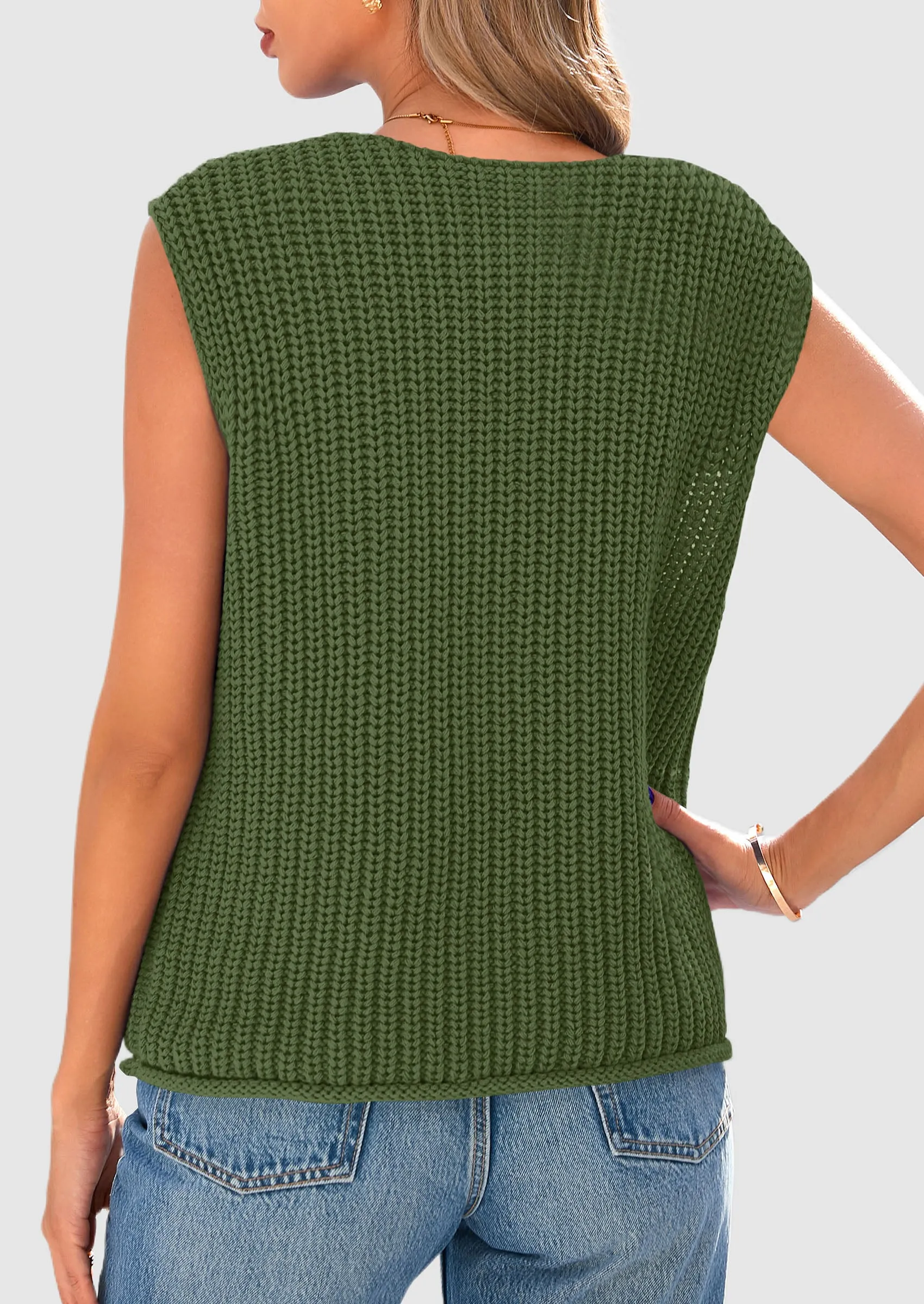 Sleeveless Button Down Cropped Chunky Knit Cardigan Trendy Tank Tops with Pockets