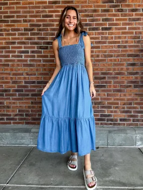 Smocked Chambray Midi Dress
