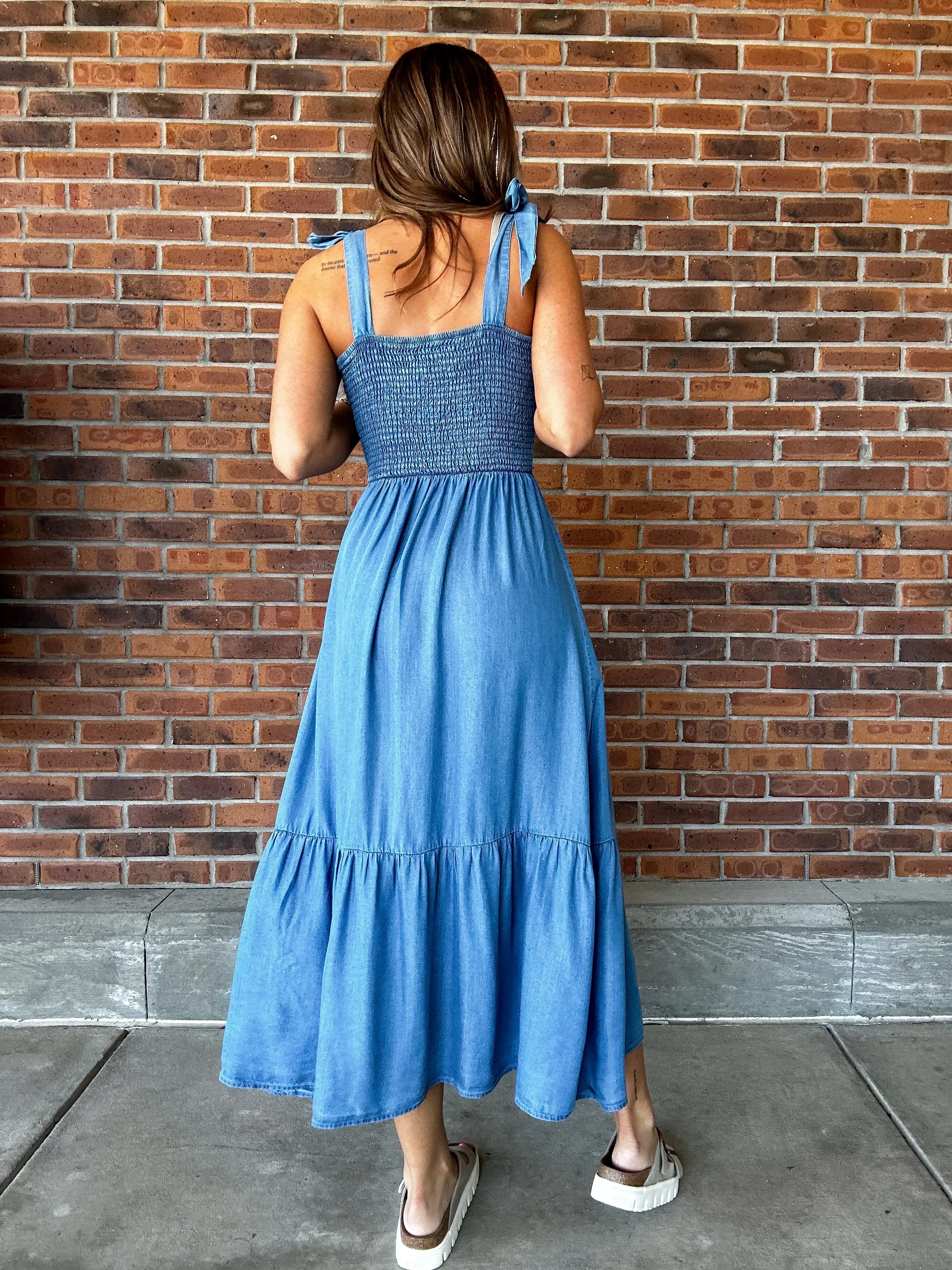 Smocked Chambray Midi Dress