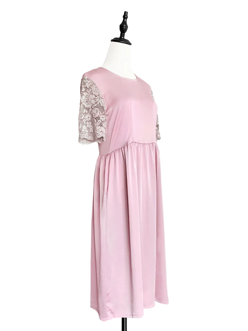 SPECIAL! Light Pink Lace Sleeves Contrast Satin Midi Dress