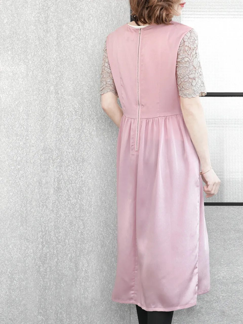 SPECIAL! Light Pink Lace Sleeves Contrast Satin Midi Dress