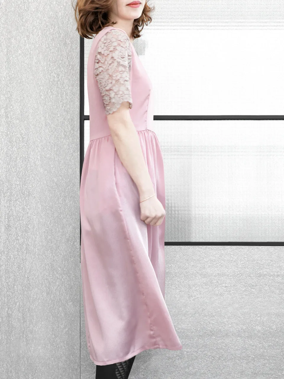 SPECIAL! Light Pink Lace Sleeves Contrast Satin Midi Dress