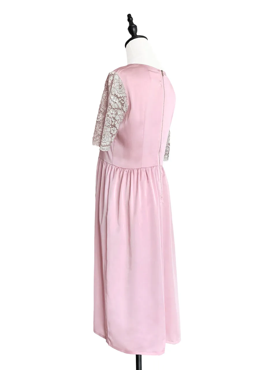 SPECIAL! Light Pink Lace Sleeves Contrast Satin Midi Dress
