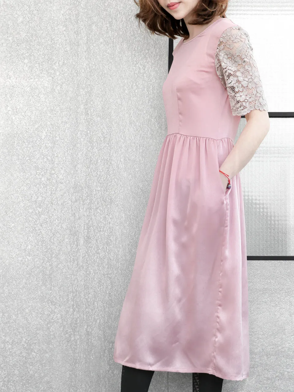 SPECIAL! Light Pink Lace Sleeves Contrast Satin Midi Dress