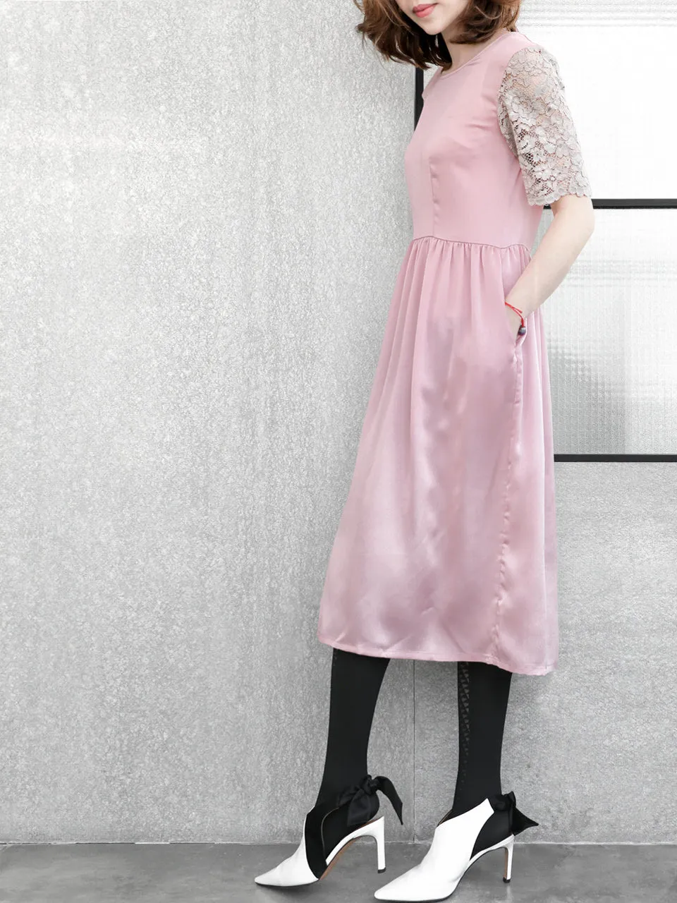 SPECIAL! Light Pink Lace Sleeves Contrast Satin Midi Dress