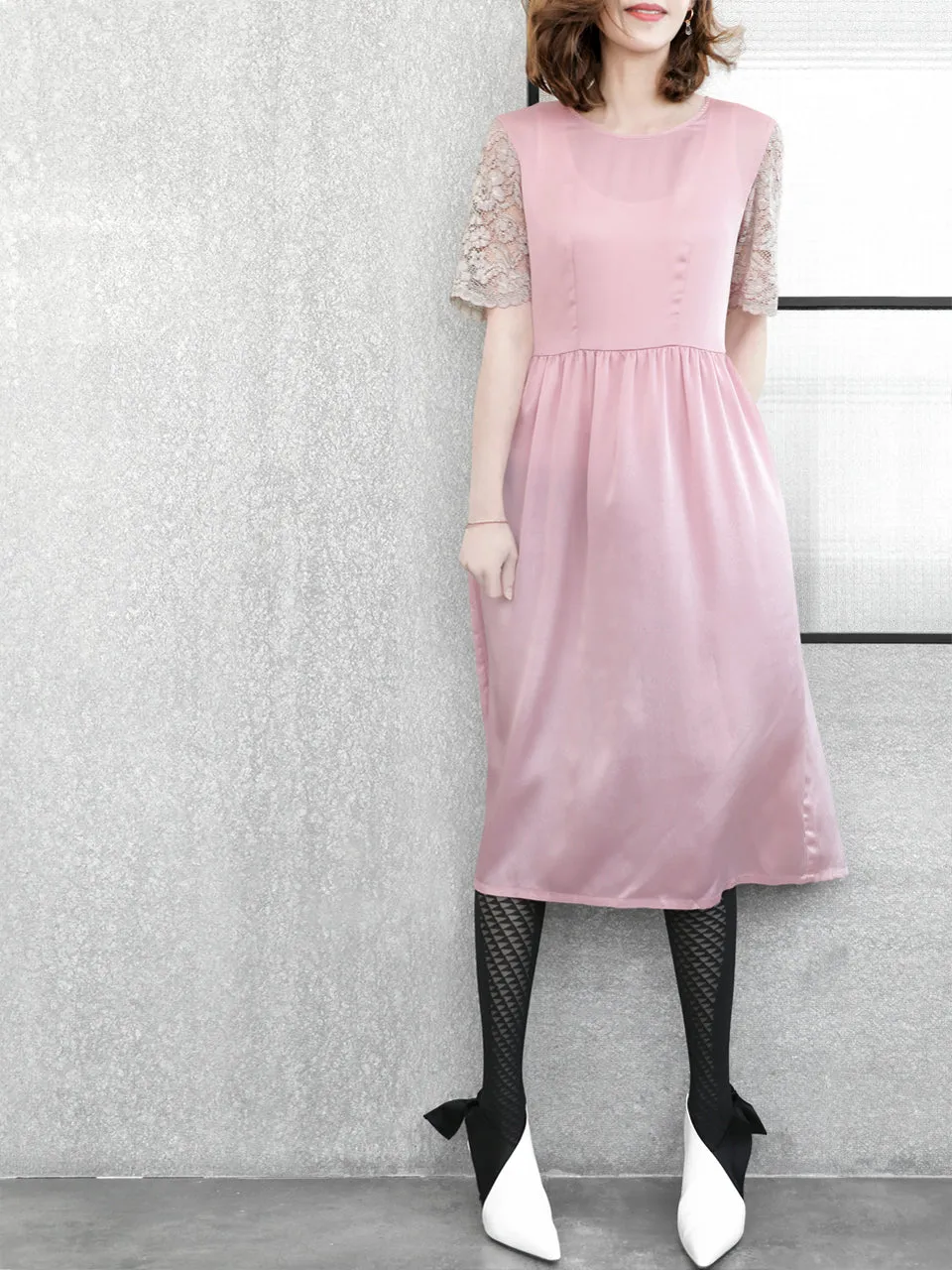 SPECIAL! Light Pink Lace Sleeves Contrast Satin Midi Dress