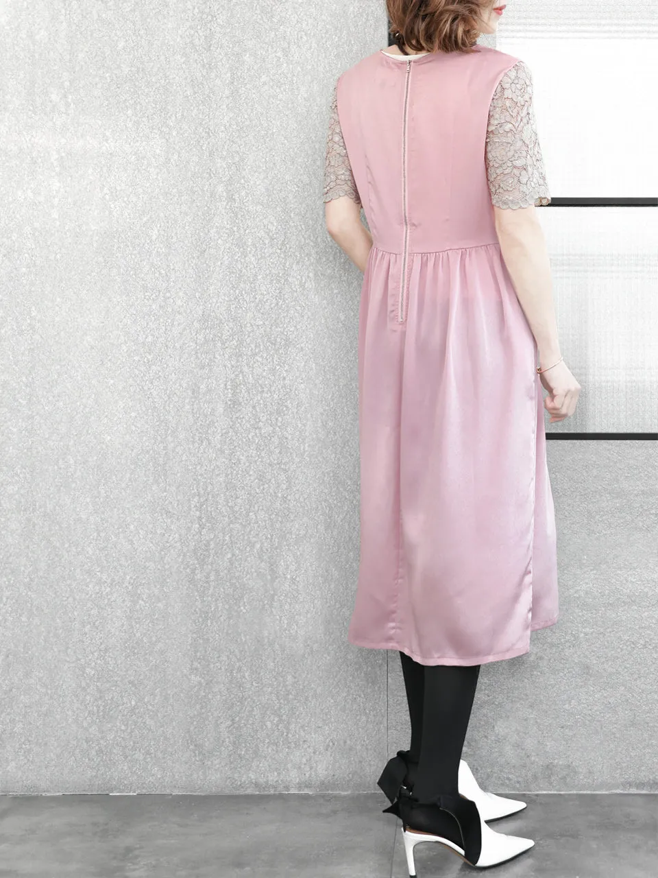 SPECIAL! Light Pink Lace Sleeves Contrast Satin Midi Dress