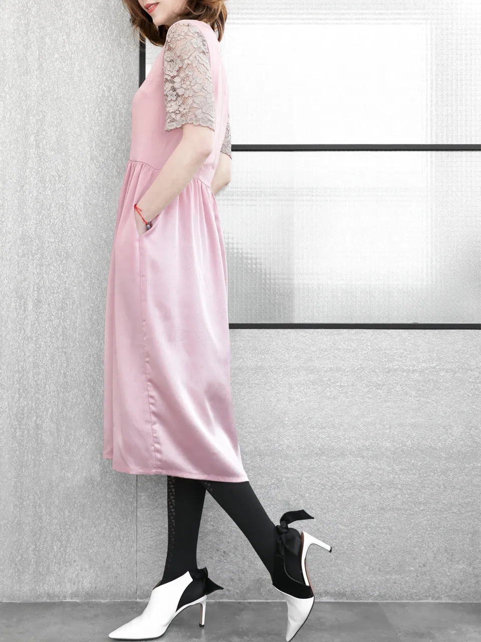 SPECIAL! Light Pink Lace Sleeves Contrast Satin Midi Dress