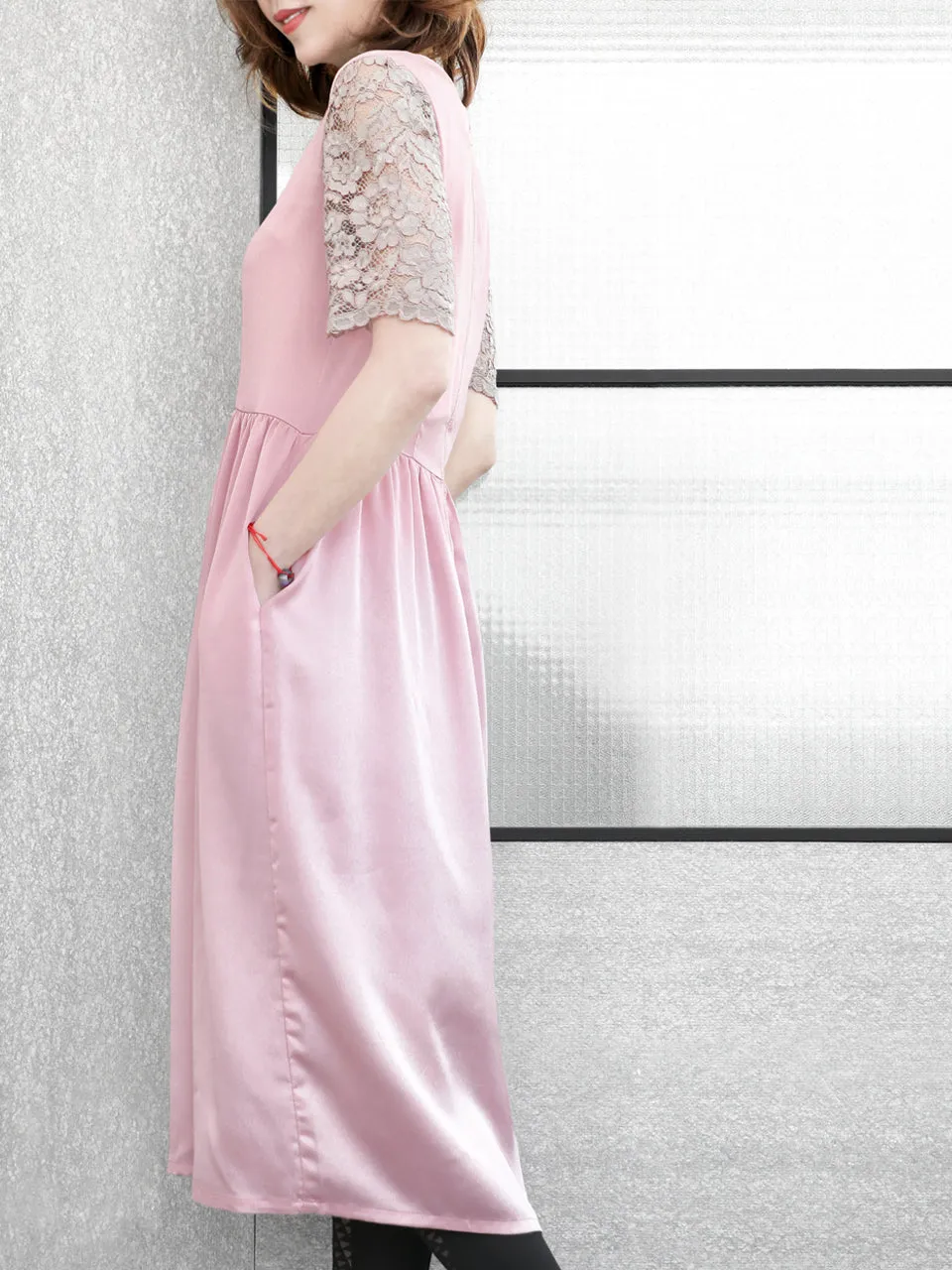 SPECIAL! Light Pink Lace Sleeves Contrast Satin Midi Dress