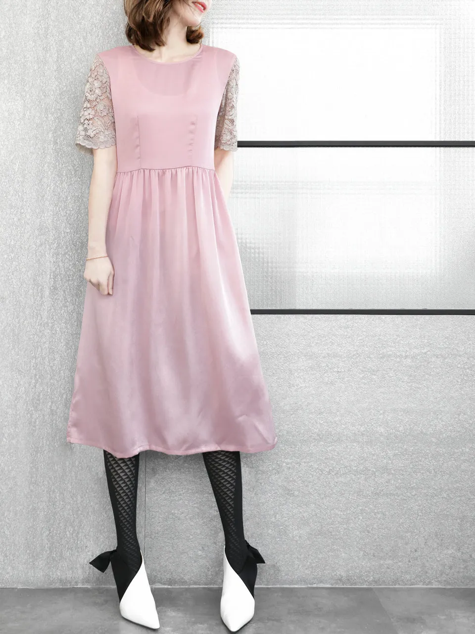SPECIAL! Light Pink Lace Sleeves Contrast Satin Midi Dress