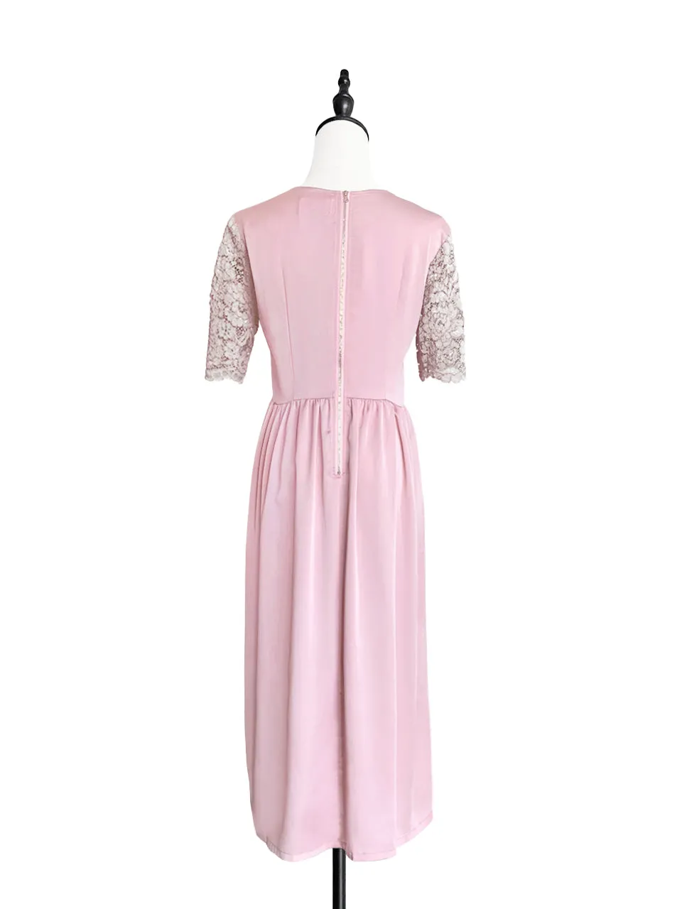 SPECIAL! Light Pink Lace Sleeves Contrast Satin Midi Dress